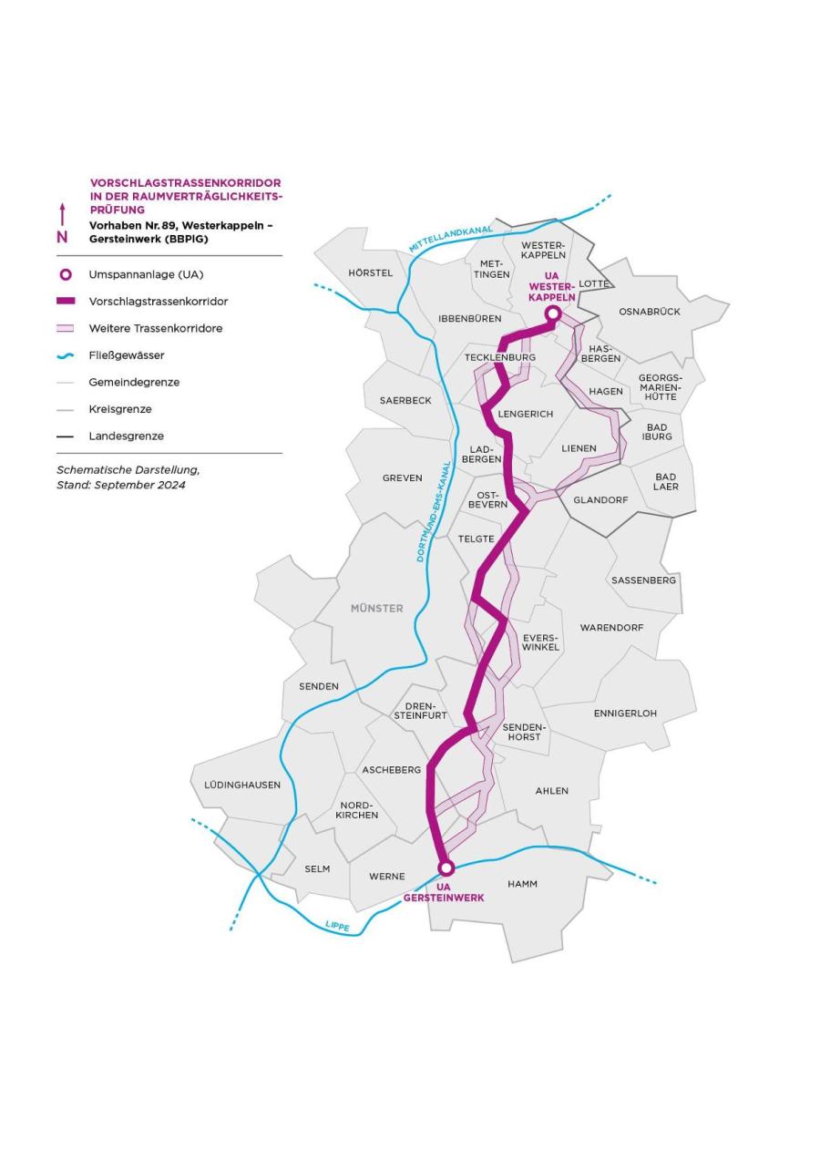 Darstellung des Trassenkorridornetzes und des ermittelten Vorschlagstrassenkorridors (Quelle: Amprion)